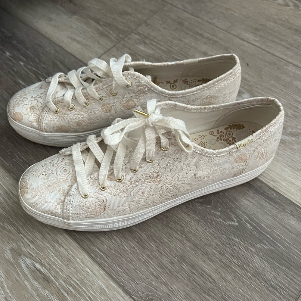 Keds x Rifle Paper Co White and Gold Triple Kick Sneakers